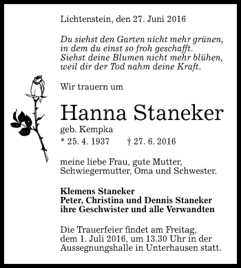 Anzeige von Hanna Staneker von Reutlinger Generalanzeiger