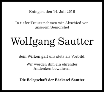 Anzeige von Wolfgang Sautter von Reutlinger Generalanzeiger