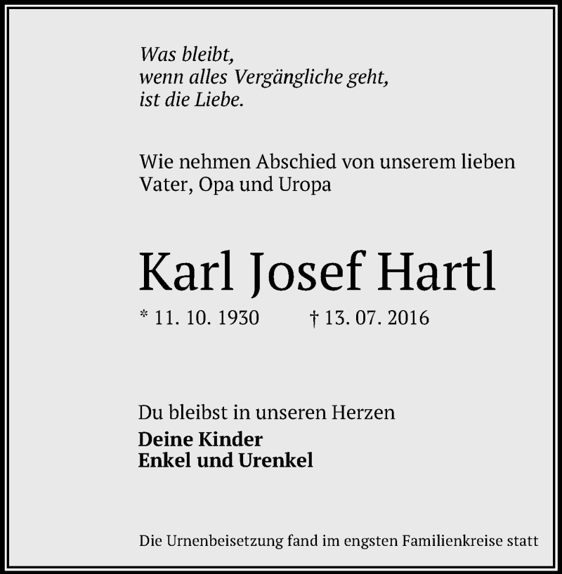  Traueranzeige für Karl Josef Hartl vom 30.07.2016 aus Reutlinger Generalanzeiger