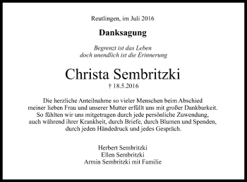 Anzeige von Christa Jutta Sembritzki von Reutlinger Generalanzeiger