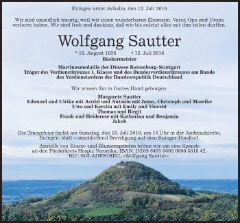 Anzeige von Wolfgang Sautter von Reutlinger Generalanzeiger