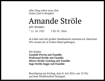 Anzeige von Amande Ströle von Reutlinger Generalanzeiger