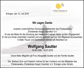 Anzeige von Wolfgang Sautter von Reutlinger Generalanzeiger