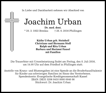 Anzeige von Joachim Urban von Reutlinger Generalanzeiger