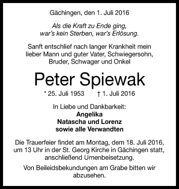 Anzeige von Peter Spiewak von Reutlinger Generalanzeiger