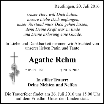 Anzeige von Agathe Rehm von Reutlinger Generalanzeiger
