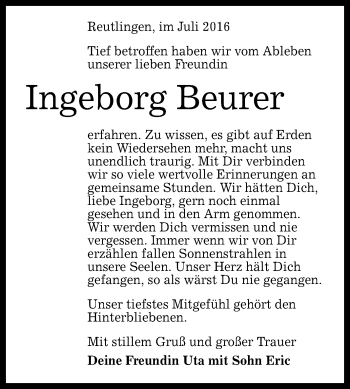 Anzeige von Ingeborg Beurer von Reutlinger Generalanzeiger
