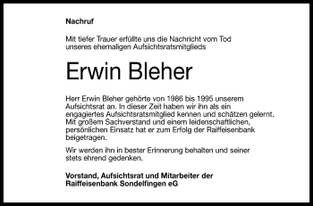 Anzeige von Erwin Bleher von Reutlinger Generalanzeiger