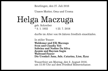 Anzeige von Helga Maczuga von Reutlinger Generalanzeiger