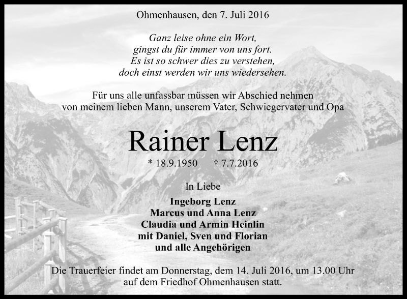  Traueranzeige für Rainer Lenz vom 12.07.2016 aus Reutlinger Generalanzeiger