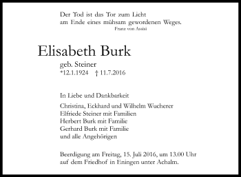 Anzeige von Elisabeth Burk von Reutlinger Generalanzeiger