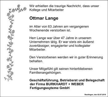 Anzeige von Ottmar Lange von Reutlinger Generalanzeiger