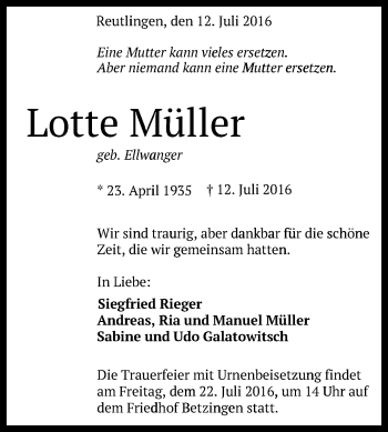 Anzeige von Lotte Müller von Reutlinger Generalanzeiger