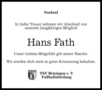 Anzeige von Hans Fath von Reutlinger Generalanzeiger