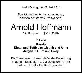 Anzeige von Arnold Hoffmann von Reutlinger Generalanzeiger