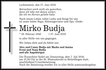 Anzeige von Mirko Budja von Reutlinger Generalanzeiger