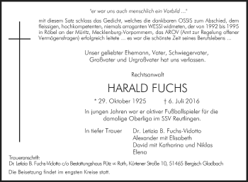 Anzeige von Harald Fuchs von Reutlinger Generalanzeiger