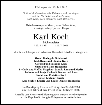 Anzeige von Karl Koch von Reutlinger Generalanzeiger