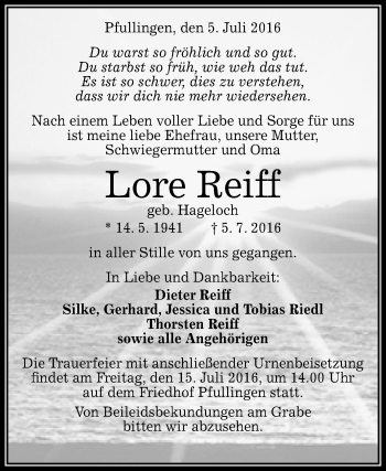 Anzeige von Lore Reiff von Reutlinger Generalanzeiger