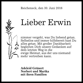 Anzeige von Erwin  von Reutlinger Generalanzeiger