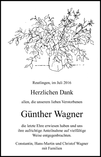 Anzeige von Günther Wagner von Reutlinger Generalanzeiger