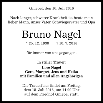 Anzeige von Bruno Nagel von Reutlinger Generalanzeiger