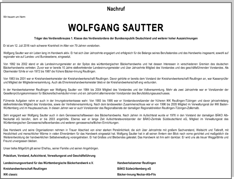  Traueranzeige für Wolfgang Sautter vom 15.07.2016 aus Reutlinger Generalanzeiger