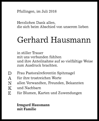 Anzeige von Gerhard Hausmann von Reutlinger Generalanzeiger