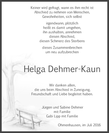 Anzeige von Helga Dehmer-Kaun von Reutlinger Generalanzeiger