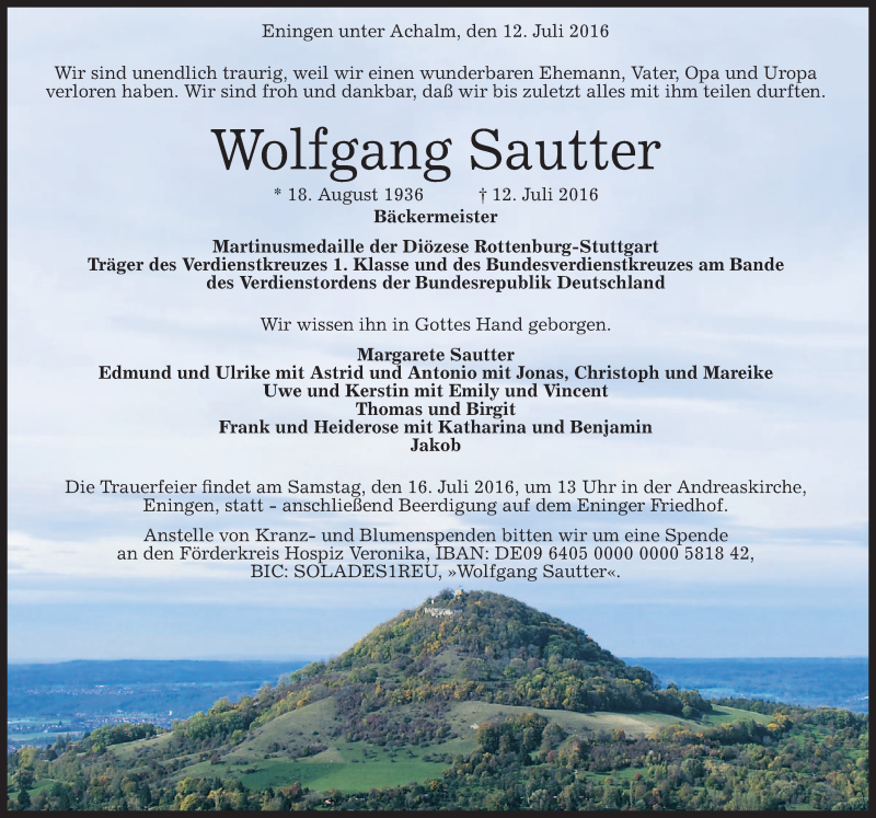  Traueranzeige für Wolfgang Sautter vom 14.07.2016 aus Reutlinger Generalanzeiger