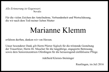 Anzeige von Marianne Klemm von Reutlinger Generalanzeiger