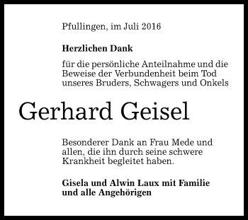 Anzeige von Gerhard Geisel von Reutlinger Generalanzeiger