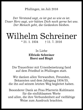 Anzeige von Wilhelm Schreiner von Reutlinger Generalanzeiger