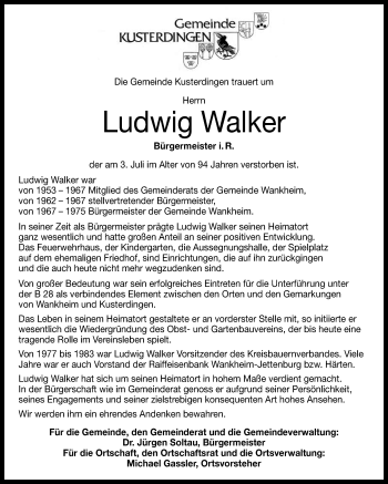 Anzeige von Ludwig Walker von Reutlinger Generalanzeiger