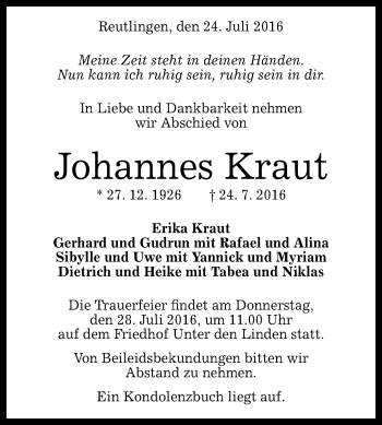 Anzeige von Johannes Kraut von Reutlinger Generalanzeiger