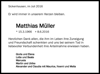 Anzeige von Matthias Müller von Reutlinger Generalanzeiger