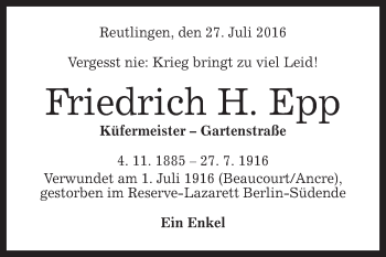 Anzeige von Friedrich Epp von Reutlinger General-Anzeiger