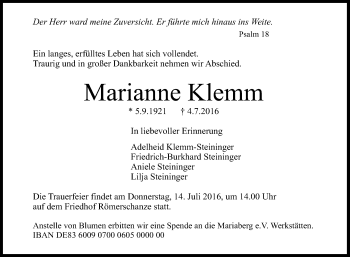 Anzeige von Marianne Klemm von Reutlinger Generalanzeiger