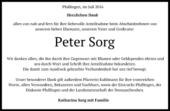 Anzeige von Peter Sorg von Reutlinger Generalanzeiger