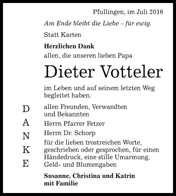Anzeige von Dieter Votteler von Reutlinger Generalanzeiger