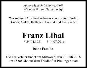 Anzeige von Franz Libal von Reutlinger Generalanzeiger