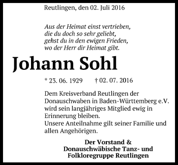Anzeige von Johann Sohl von Reutlinger Generalanzeiger