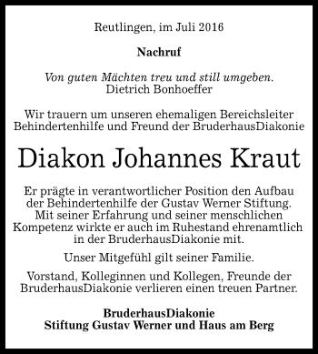 Anzeige von Johannes Kraut von Reutlinger Generalanzeiger