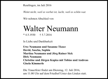 Anzeige von Walter Neumann von Reutlinger Generalanzeiger