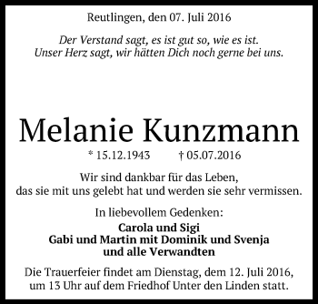 Anzeige von Melanie Kunzmann von Reutlinger Generalanzeiger