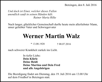 Anzeige von Werner Martin Walz von Reutlinger Generalanzeiger