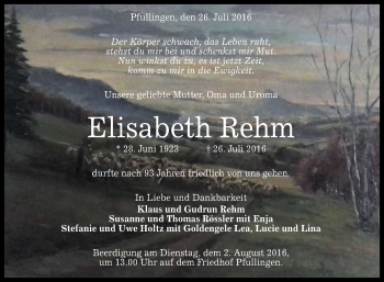 Anzeige von Elisabeth Rehm von Reutlinger Generalanzeiger
