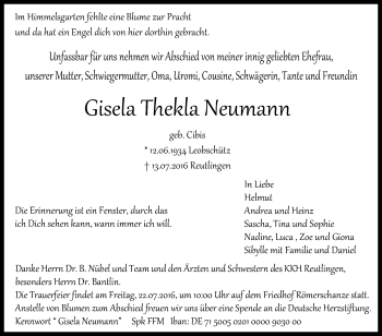 Anzeige von Gisela Thekla Neumann von Reutlinger Generalanzeiger