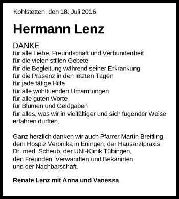 Anzeige von Hermann Lenz von Reutlinger Generalanzeiger