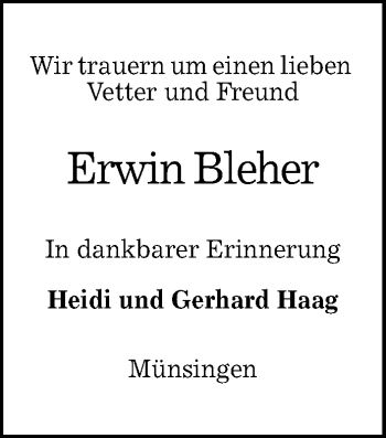 Anzeige von Erwin Bleher von Reutlinger Generalanzeiger